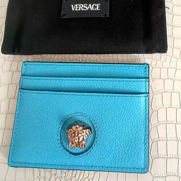 NWT VERSACE CARD CASE VITELLO BLUE - Picture 1 of 7